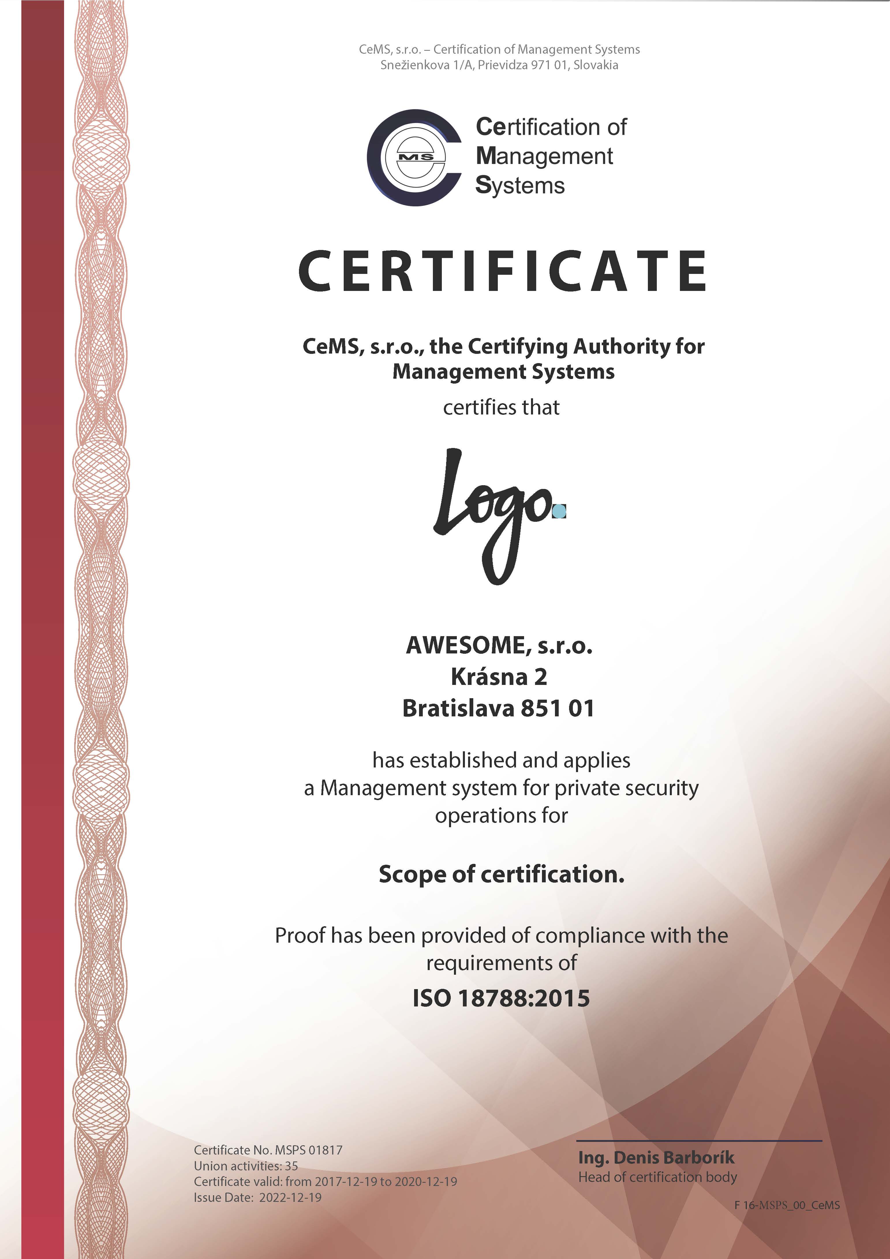 Certificate ISO 41001 by CeMS